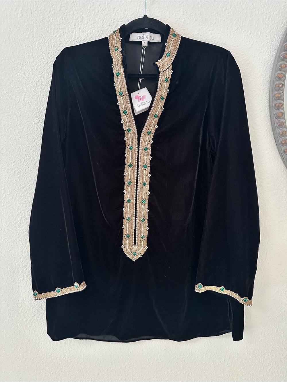 Bella Tu Black Velvet Tunic with Gold & Emerald Trim